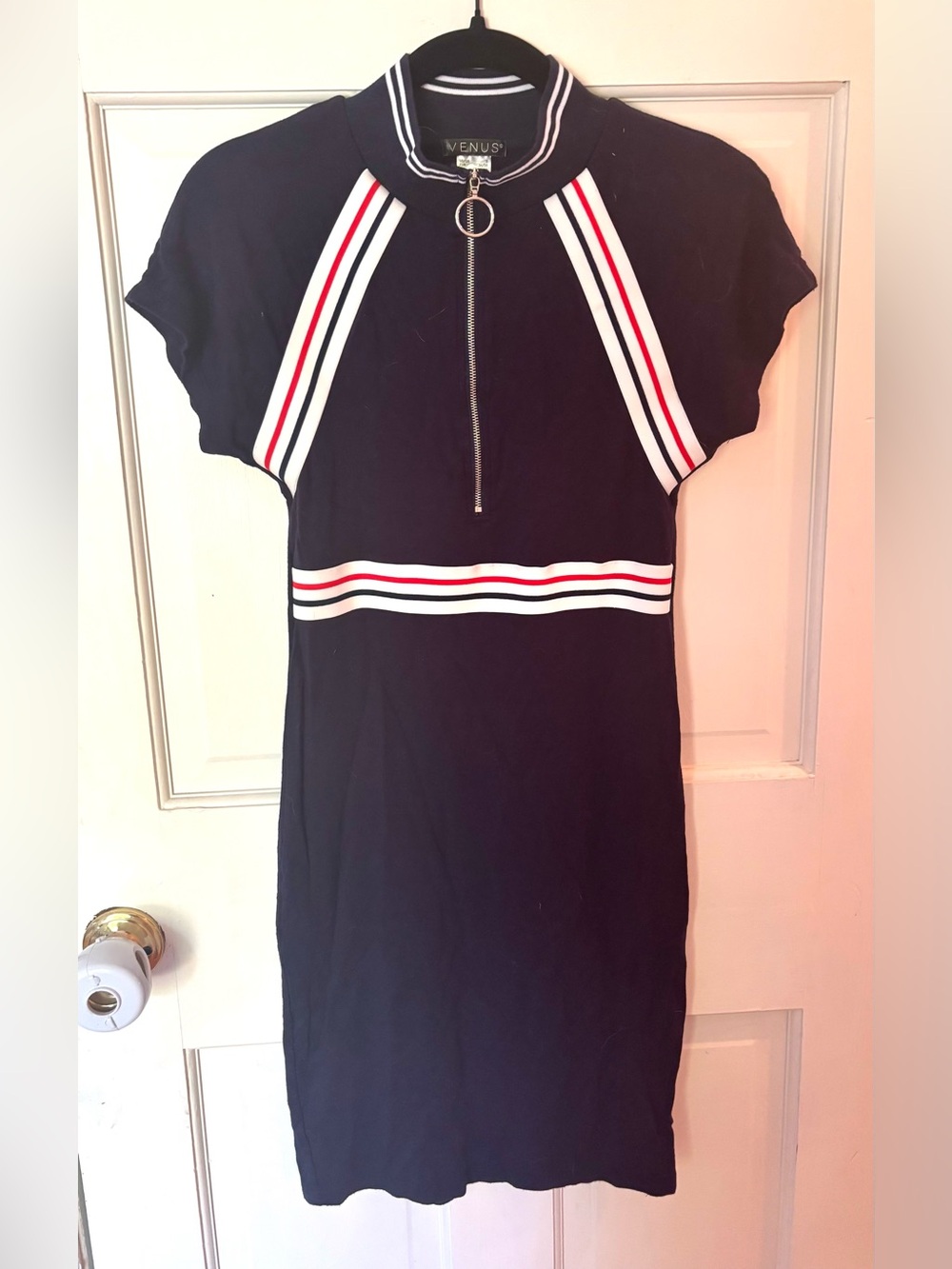 Venus navy blue red white stripe dress zipper detail small